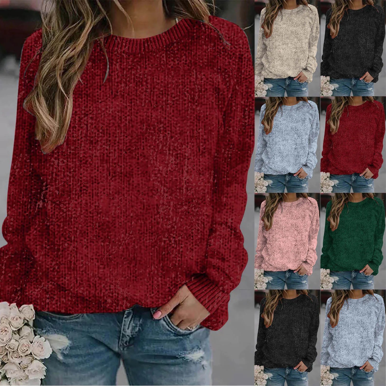 Women's Relaxed Fit Crew Neck Cozy Knit Everyday Sweater Pullover