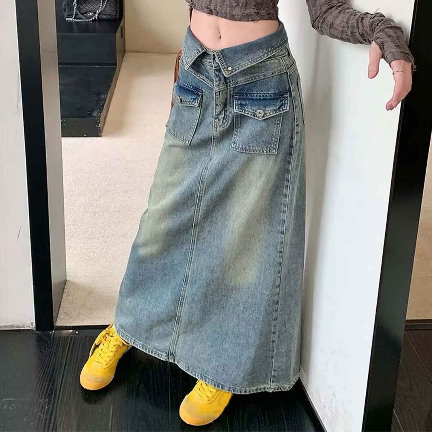 High Waist Straight Denim Maxi Skirt with Front Slit Contemporary Streetwear Style