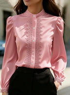 Lustrous Burgundy Satin-Finish Blouse with Stand Collar and Lace Trim Placket