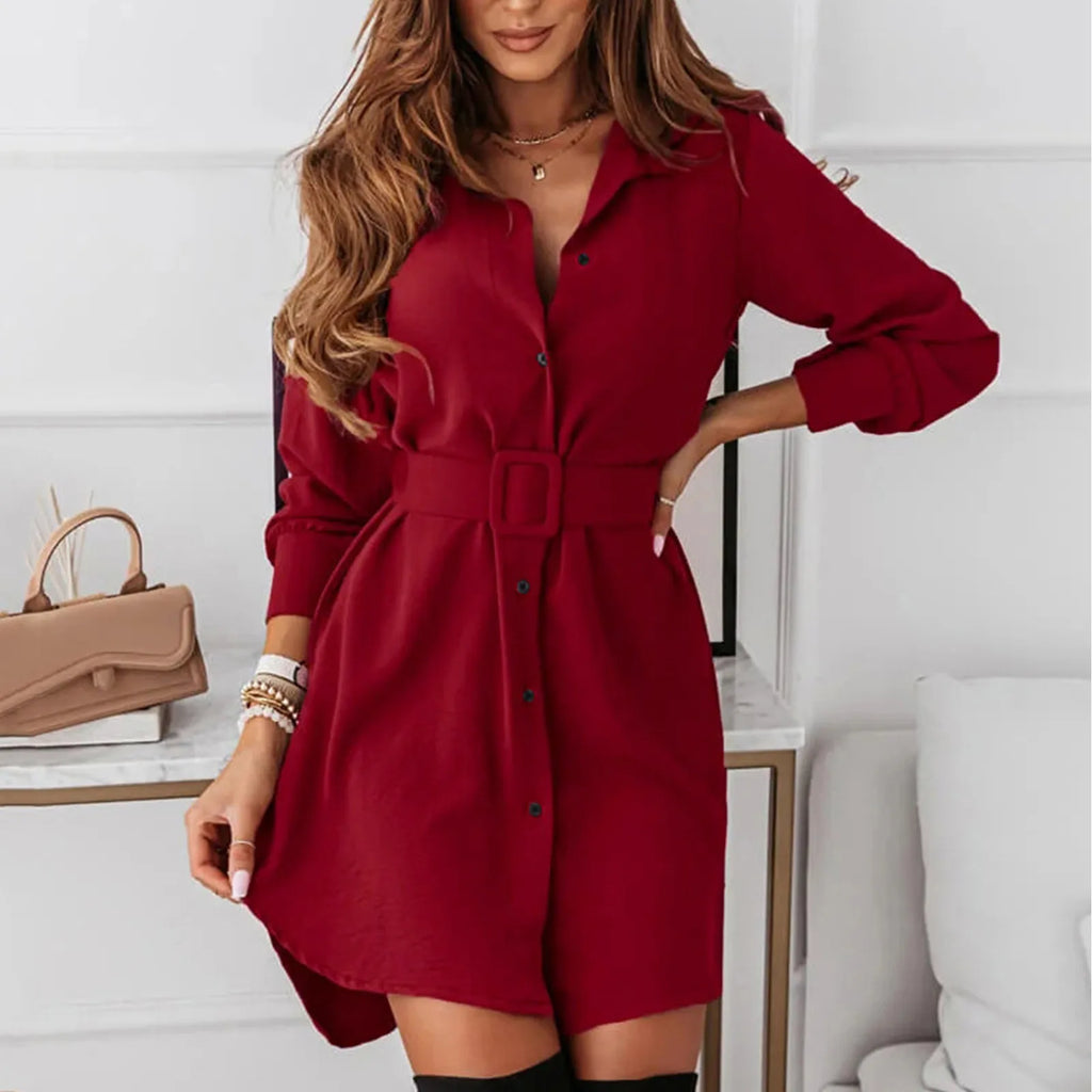 Long Sleeve Belted Shirt Mini Dress With Tailored Relaxed Fit Silhouette