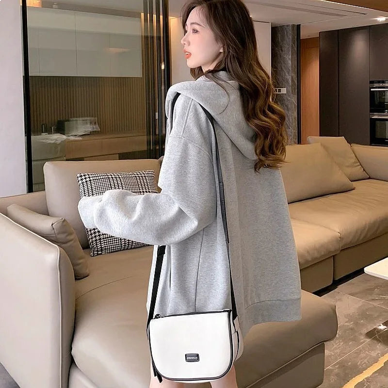 Women's Oversized Zip-Up Hoodie with Minimal Typography Casual Streetwear Layering Style