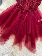 Deep Red Corset-Style Tulle Dress with Lace-Up Front and Ribbon Straps