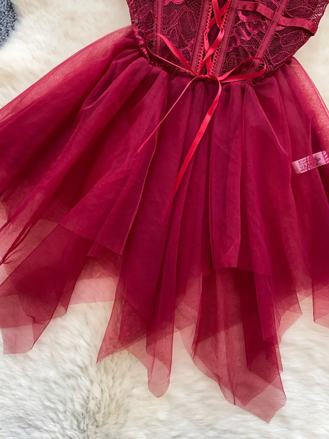 Deep Red Corset-Style Tulle Dress with Lace-Up Front and Ribbon Straps