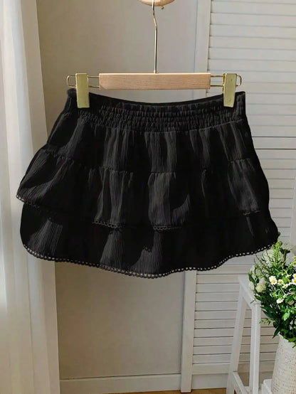 Tiered Ruffle Mini Skirt with Lace Hem Lightweight A-Line Design