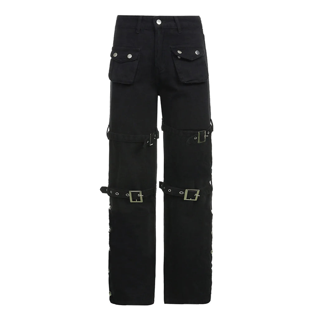 Women's Low Rise Straight Leg Utility Pants with Metal Hardware and Streetwear Style
