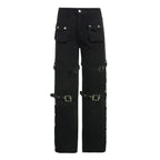 Women's Low Rise Straight Leg Utility Pants with Metal Hardware and Streetwear Style
