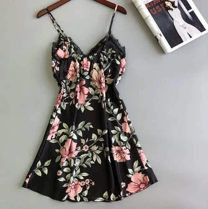 Floral Print Satin-Finish Nightdress with Delicate White Lace Trim
