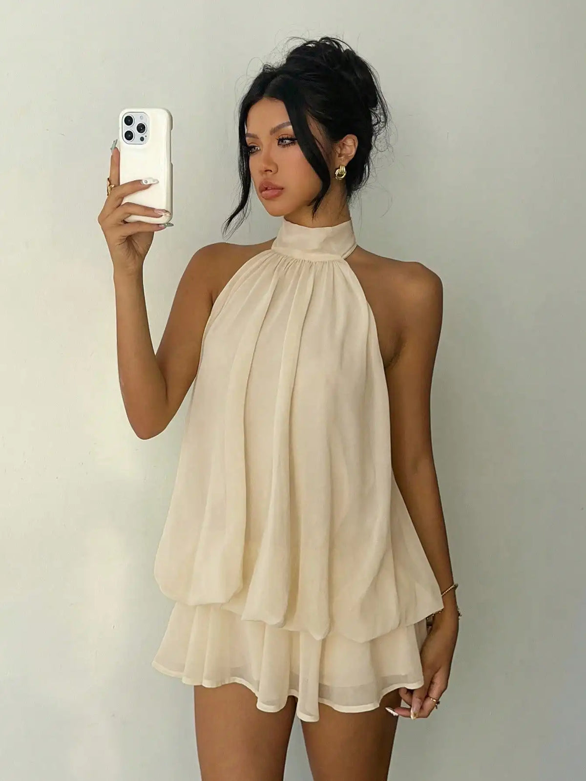 Elegant Cream Halter-Neck Mini Dress with Fluid Draped Silhouette