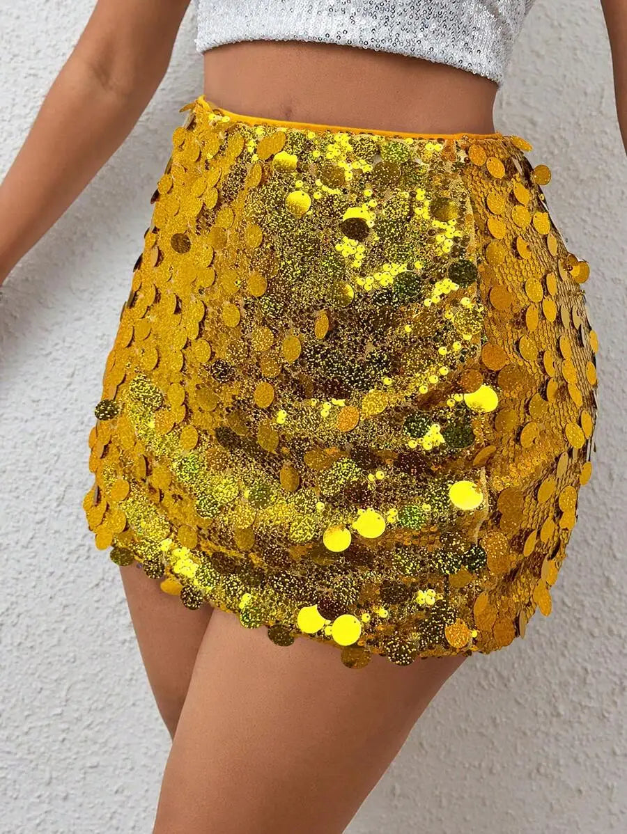 Stretch Sequin Bodycon Mini Skirt with High Shine Party Silhouette