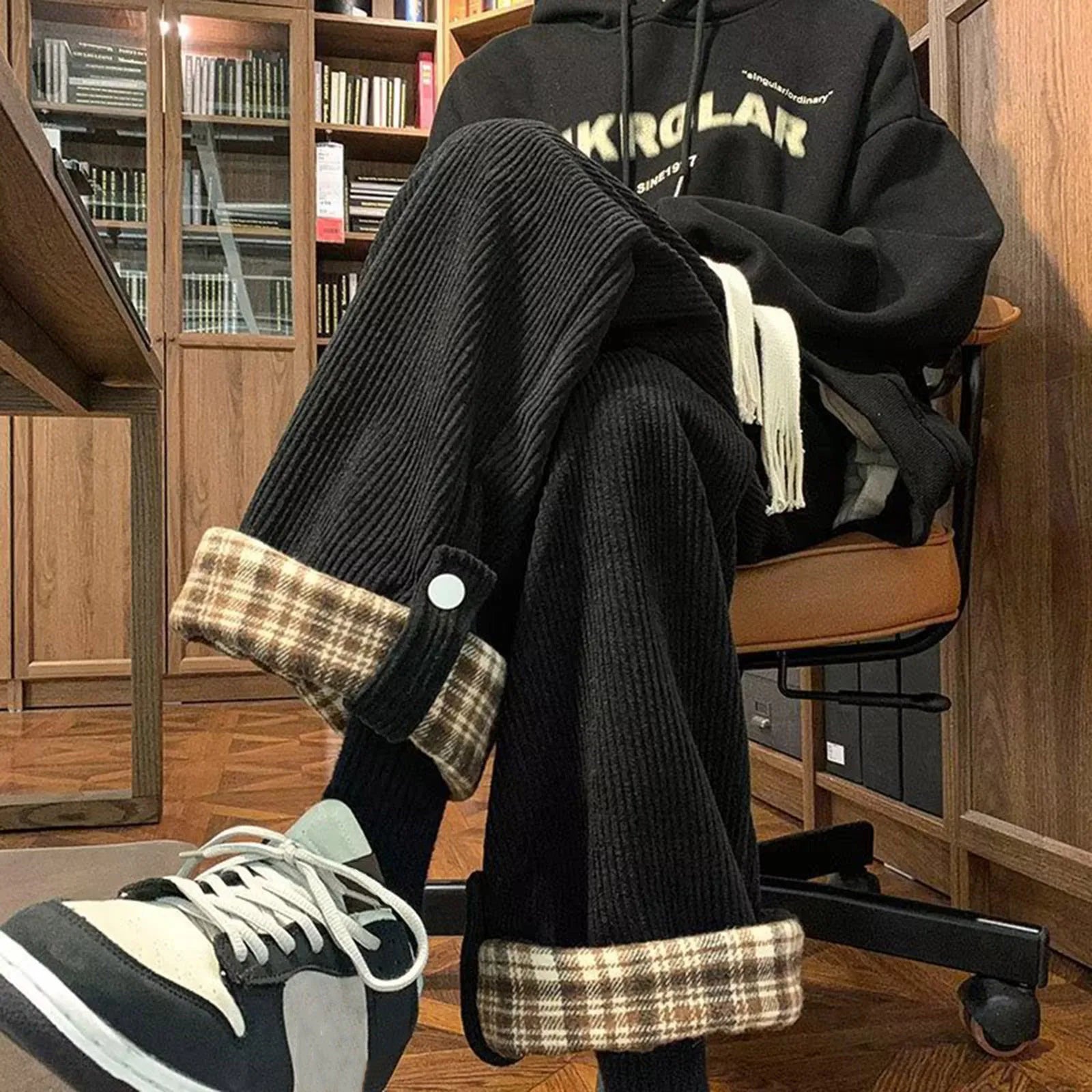 Men's Relaxed Straight Leg Corduroy Style Casual Trousers with Drawstring Waist