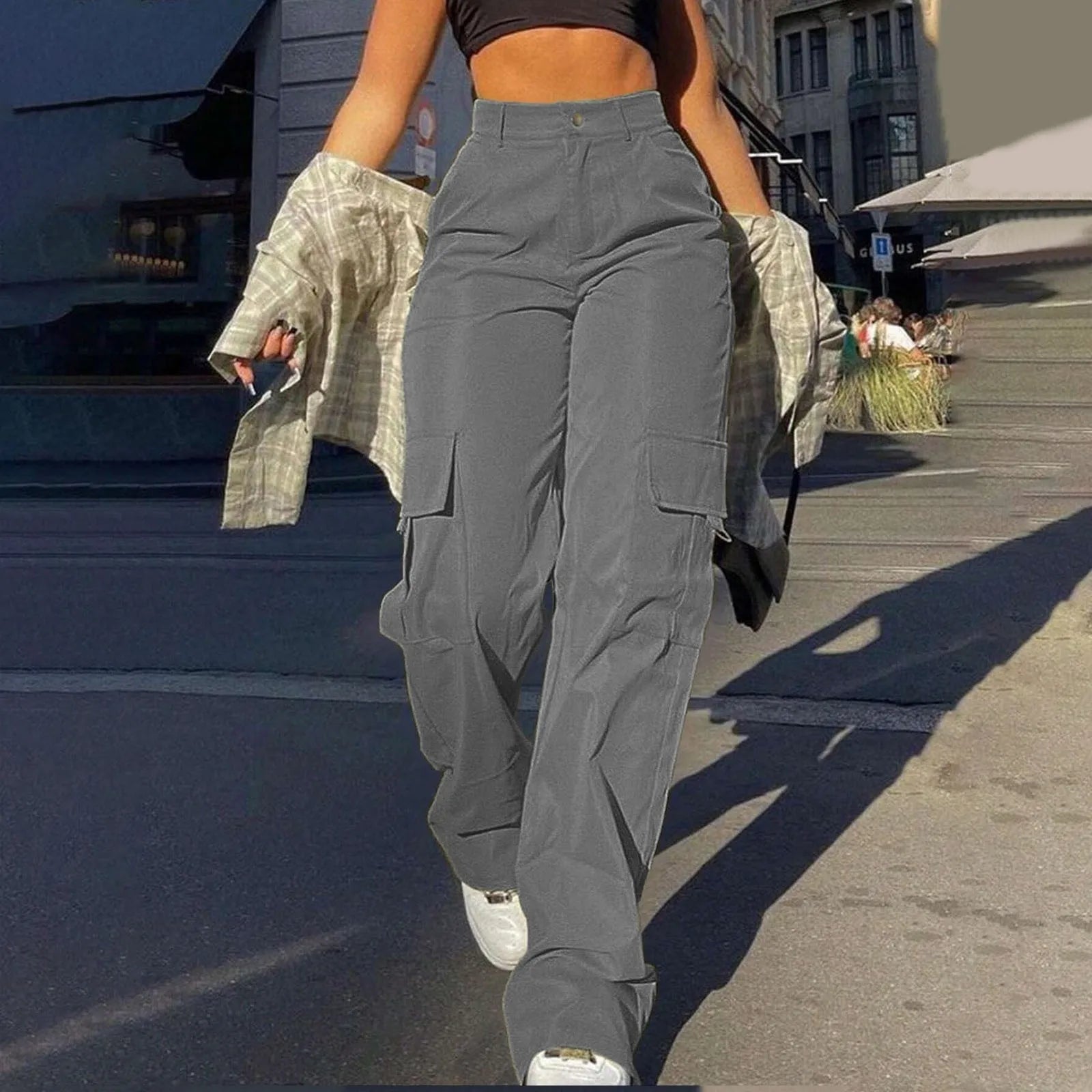 Women's High Waist Wide Leg Utility Trousers with Pocket Casual Streetwear Style