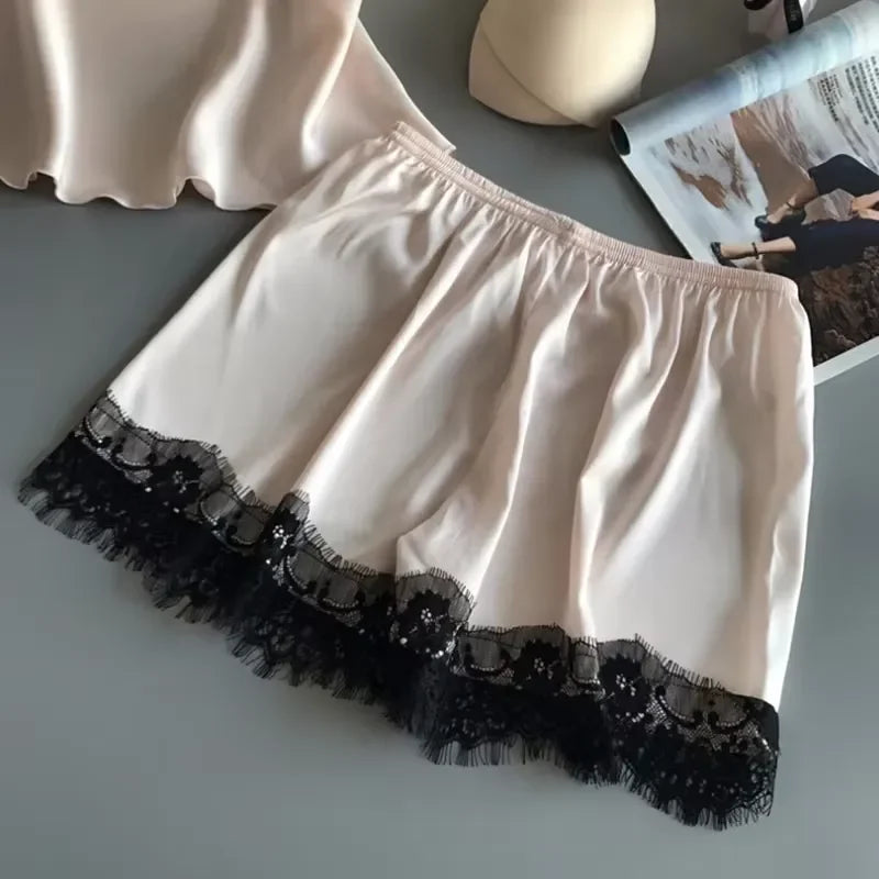 Women's Lace-Trim Satin-Look Pajama Set with V-Neck Camisole Top and Matching Shorts, Sleeveless Two-Piece Nightwear