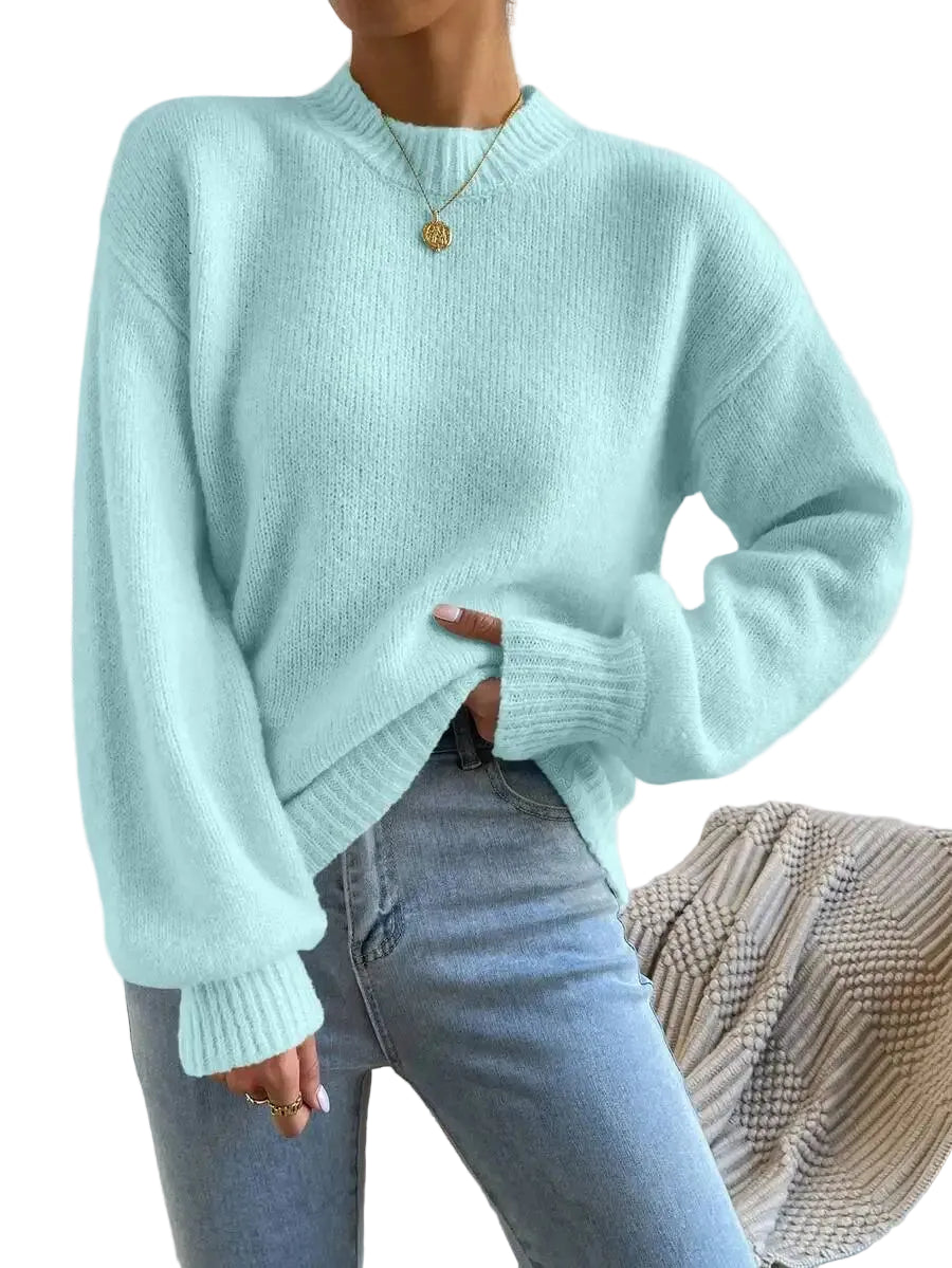 Women's Mock Neck Drop Shoulder Knit Sweater with Relaxed Oversized Silhouette
