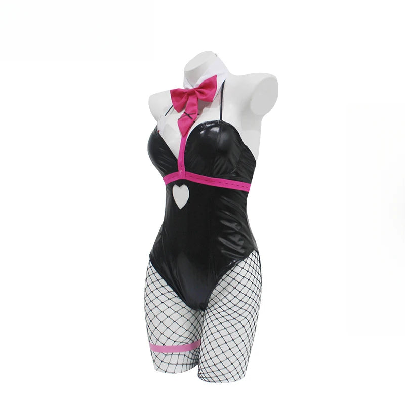 Daring Black Bodysuit Set with Pink Harness Details and Heart Cutout
