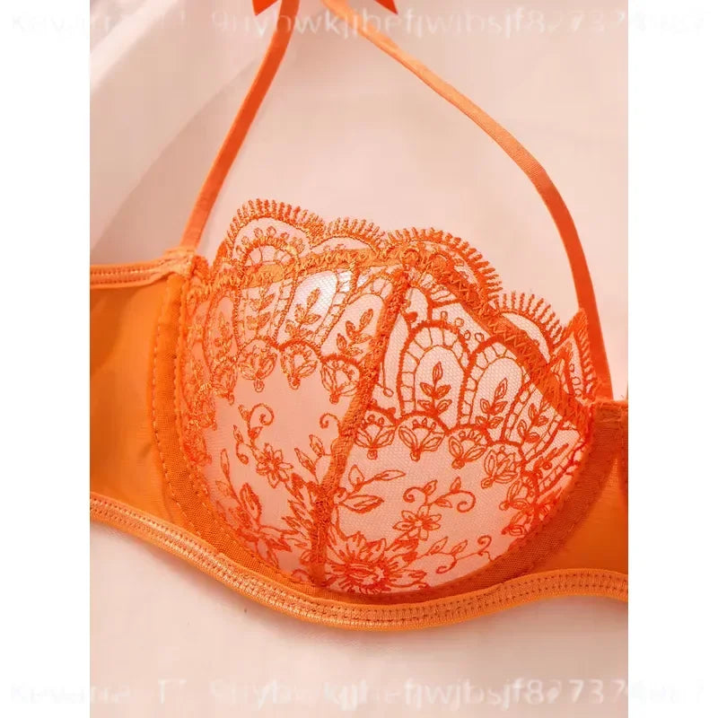 Vibrant Citrus Orange Floral Lace Push-Up Bra and Matching Thong Set