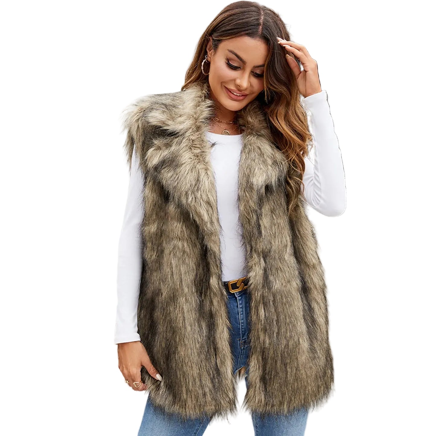Women's Open Front Faux Fur Vest Soft Plush Casual Winter Layering Outerwear