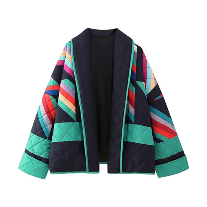 Women's Patchwork Quilted Open Front Jacket Relaxed Casual Winter Layering Outerwear
