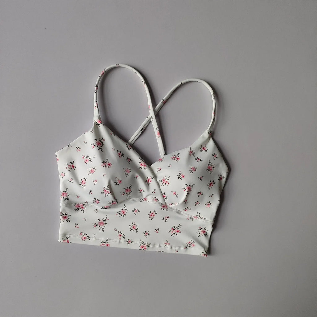 Playful Cherry Print Longline Sports Bra with Strappy Criss-Cross Back