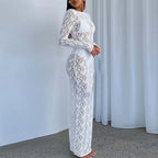 Sheer Lace Bodycon Maxi Dress with Long Sleeves and Openwork Details