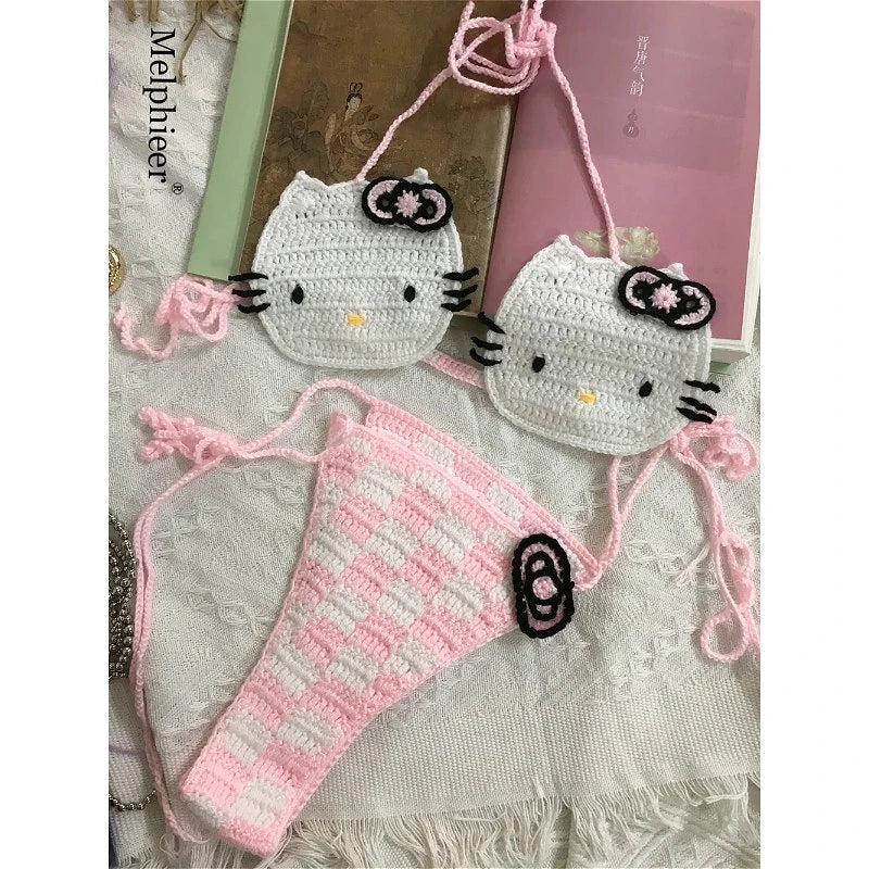 Hand-Crafted Crochet Halter Bikini Set with Whimsical Feline and Checkerboard Details