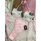 Hand-Crafted Crochet Halter Bikini Set with Whimsical Feline and Checkerboard Details