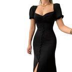 Square Neck Wrap Maxi Dress with Puff Sleeves and Side Split