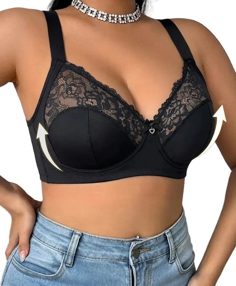 Full-Coverage Black Underwire Bra with Floral Lace Accents and U-Shaped Back