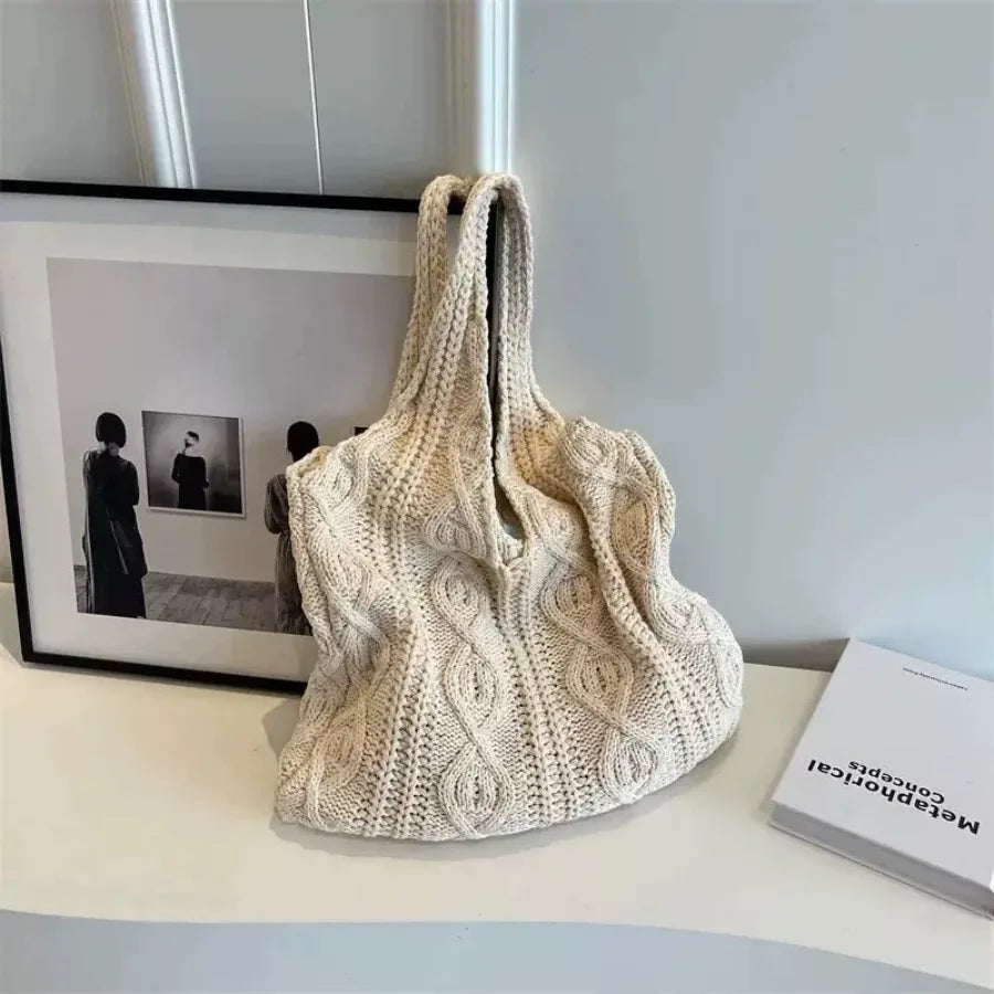 Open Knit Tote Shoulder Bag with Large Capacity Casual Design