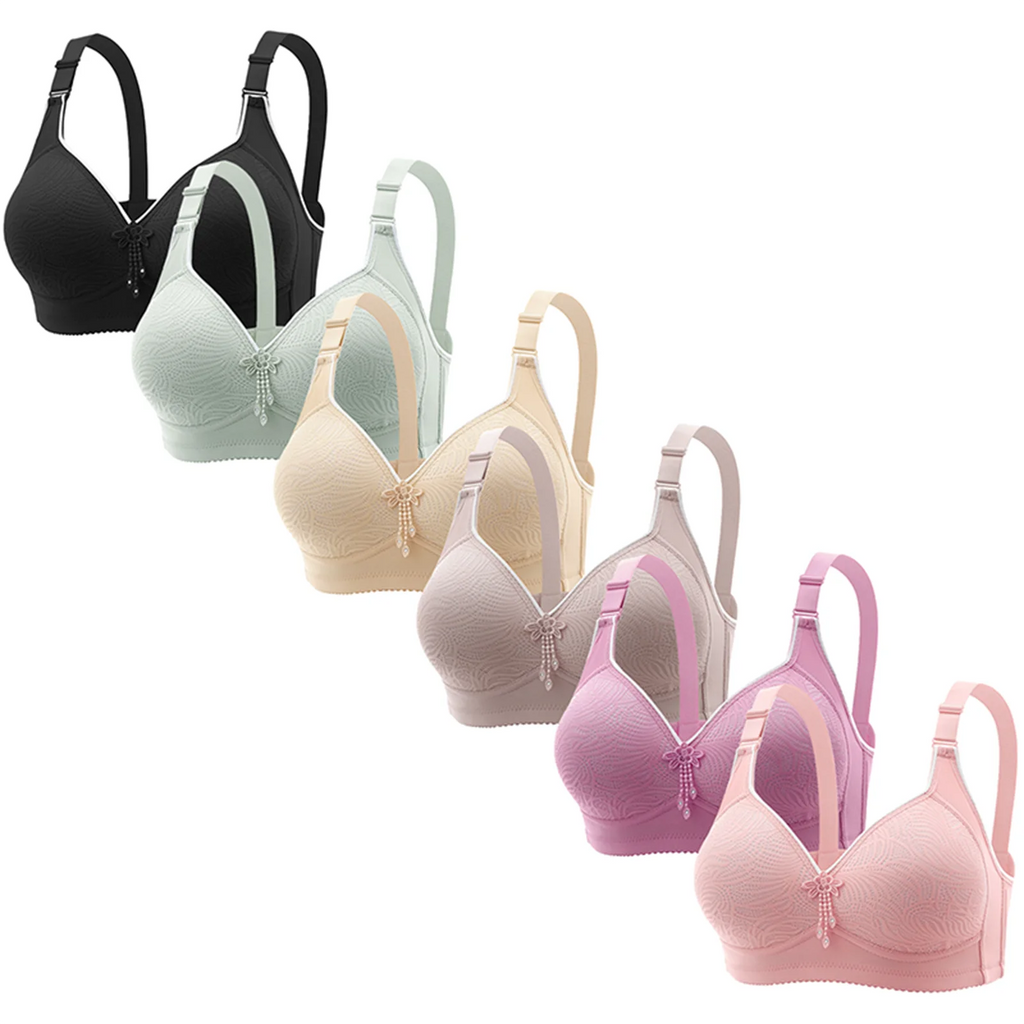 Six-Piece Wire-Free T-Shirt Bra Set with Lace Trim and Center Tassel