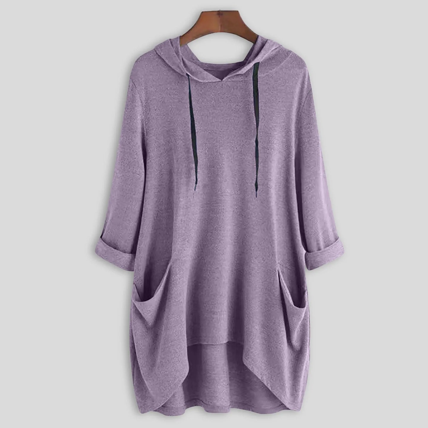 Relaxed Asymmetrical Hem Hooded Pullover for Casual Everyday Streetwear