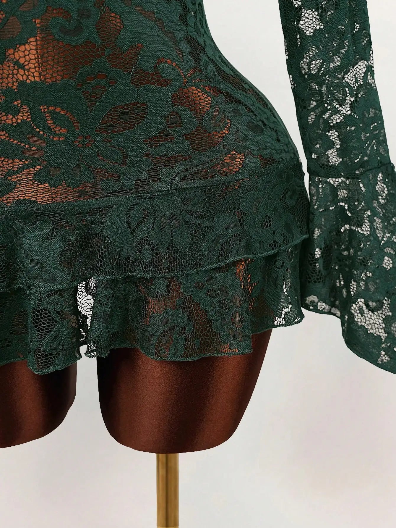 Sheer Lace Mini Dress with V-Neckline and Flared Sleeve Party Style