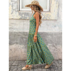 Sleeveless Floral Maxi Dress with Cinched Waist and Flowing A-Line Shape