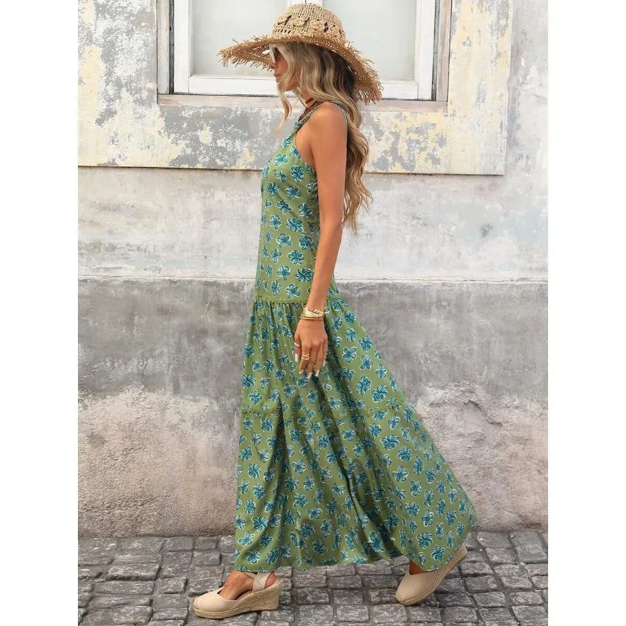 Sleeveless Floral Maxi Dress with Cinched Waist and Flowing A-Line Shape