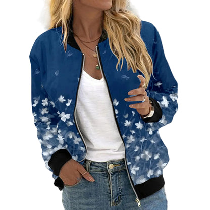 Women's Floral Print Bomber Jacket with Zip Front Contemporary Casual Streetwear Style