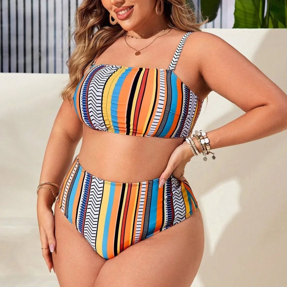 Vibrant Striped Four-Piece Swimwear Ensemble with Flowing Fringed Cover-Up