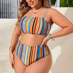 Vibrant Striped Four-Piece Swimwear Ensemble with Flowing Fringed Cover-Up