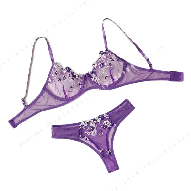 Ethereal Violet Sheer Mesh and Floral Embroidered Underwire Bra Set