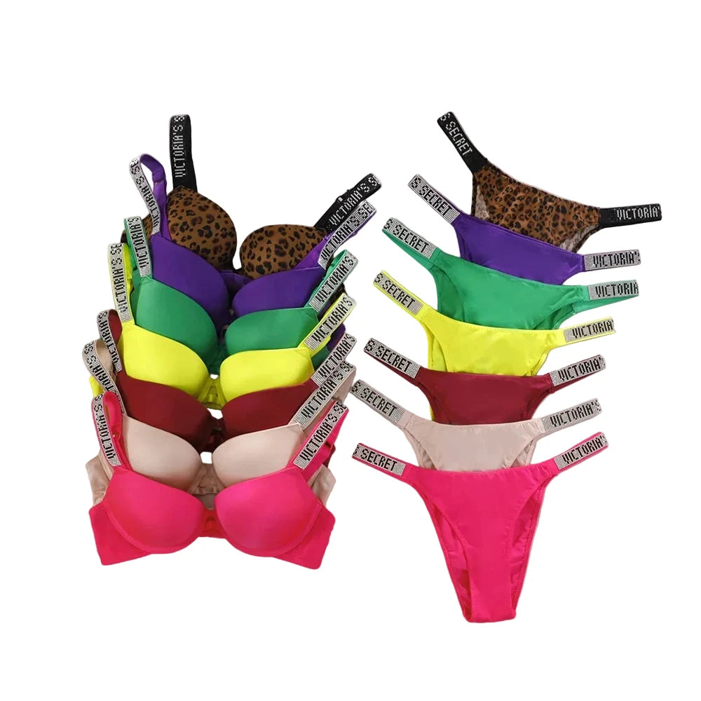 Rhinestone Statement Strap Push-Up Bra and Matching Minimalist Thong Set