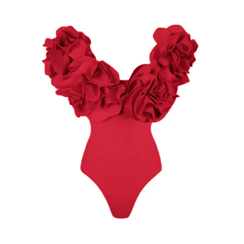 Crimson Red Plunge Swimwear Set with Dramatic 3D Floral Embellishments