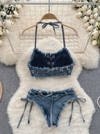 Y2K-Inspired Frayed Denim Halter Bikini Top and Lace-Up Short Set