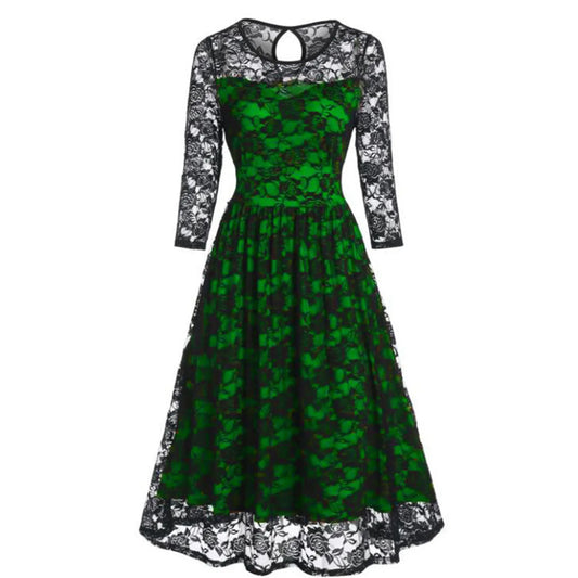 Gothic Lace Overlay Floral Pattern Alternative Fashion Midi Dress