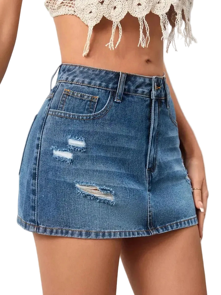 Distressed Denim Mini Skirt with Ripped Details and Streetwear Edge