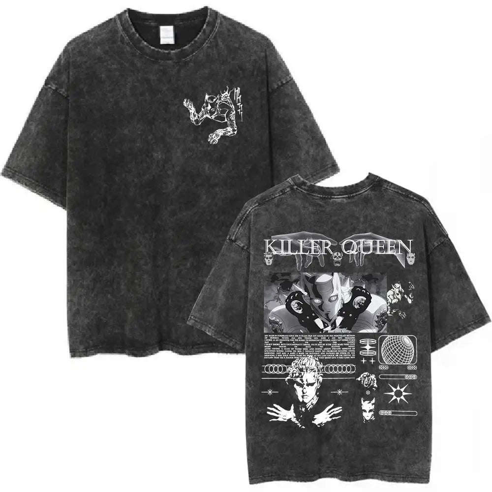 Anime Goth Vintage Washed Tee with Dark Manga Collage Streetwear Artwork