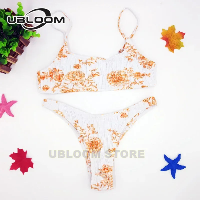 Vibrant Green Floral Underwire Bikini with Ruched Texture