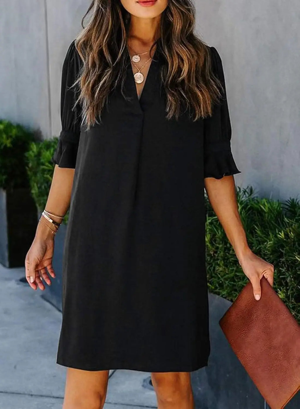 Oversized V-Neck Mini Dress with Ruffle Sleeves Contemporary Casual Streetwear Style