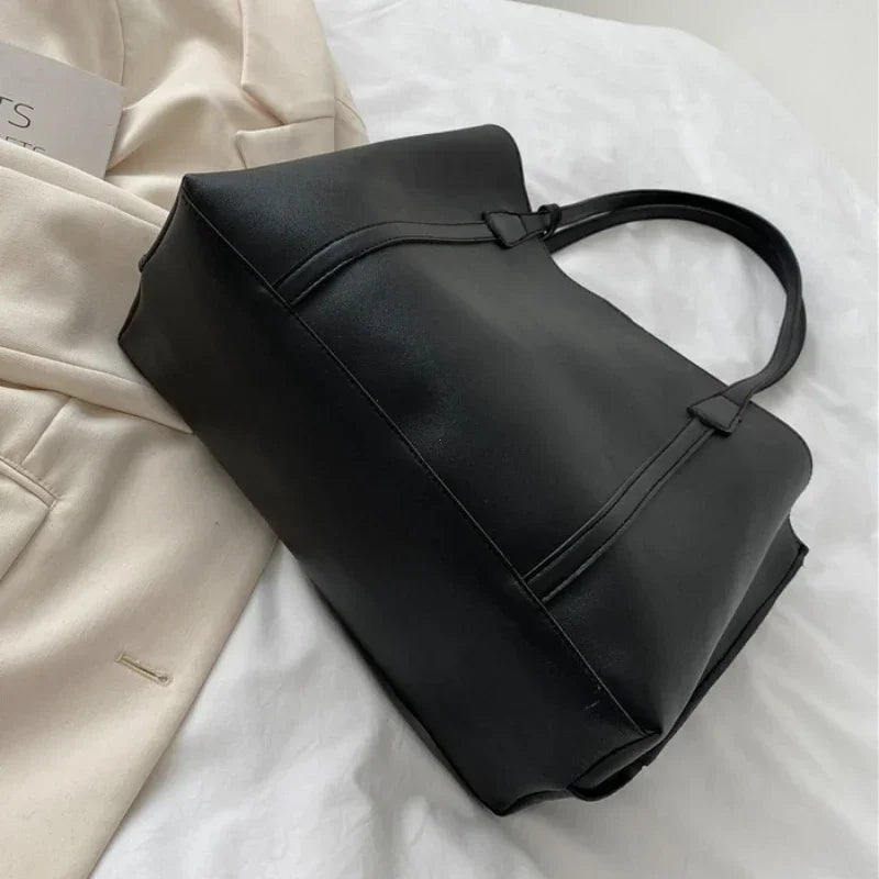 Minimal Structured Faux Leather Tote Shoulder Bag with Large Capacity