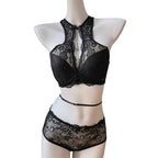 Crisp White Floral Lace High-Neck Halter Bralette and Panty Set