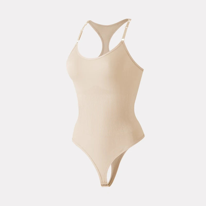 Seamless Racerback Thong Bodysuit in Versatile Beige