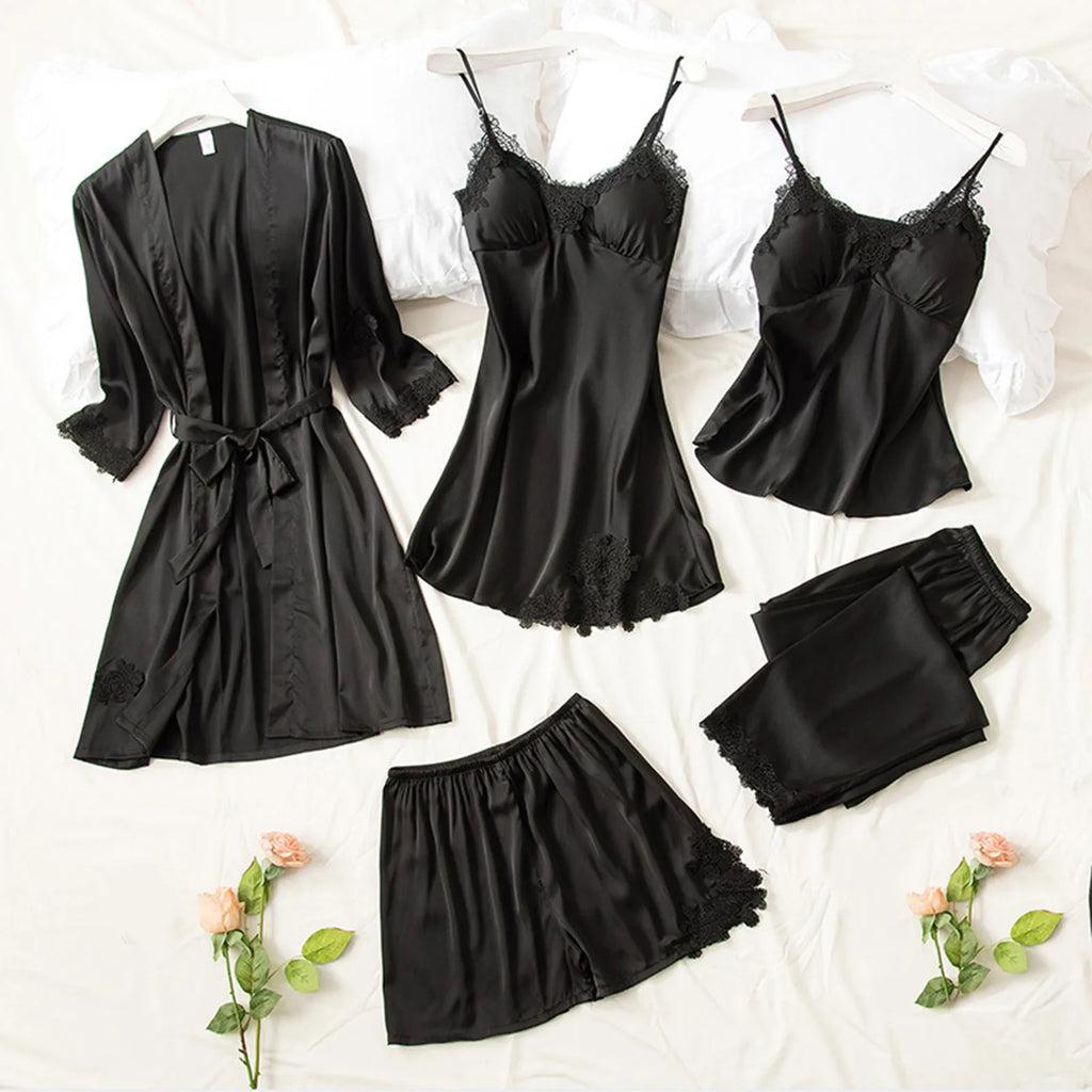 Elegant 5-Piece Burgundy Satin-Finish Sleepwear Collection with Delicate Lace Trim
