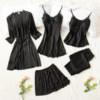 Elegant 5-Piece Burgundy Satin-Finish Sleepwear Collection with Delicate Lace Trim